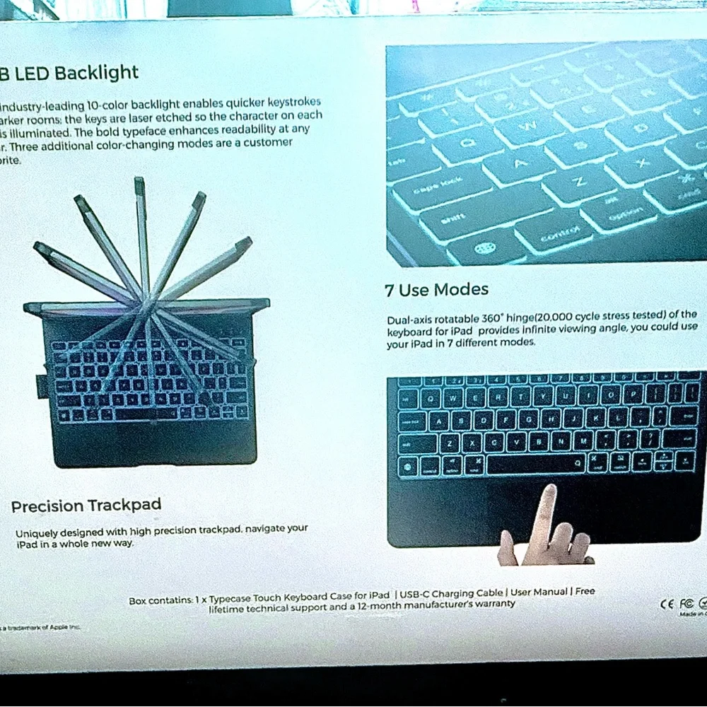 Typecase TOUCH iPad Keyboard Case 10.2” Trackpad 360° Rotate RGB NEW Sealed
